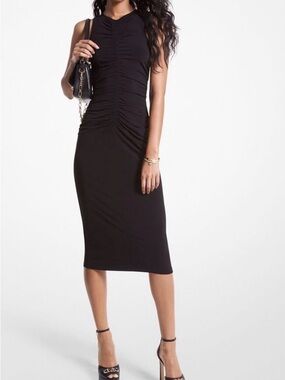 Michael Kors Black Ruched Sleeveless Midi Dress